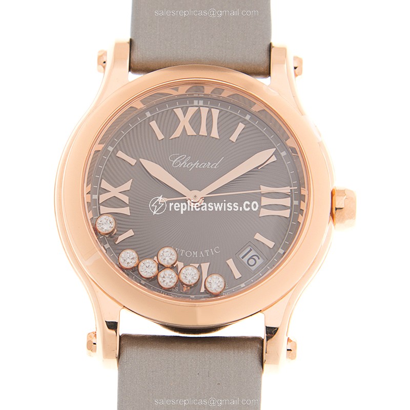 Chopard Happy Sport Replica - Automatic - 18kt Rose Gold - Gray Dial - Silk Grey Strap